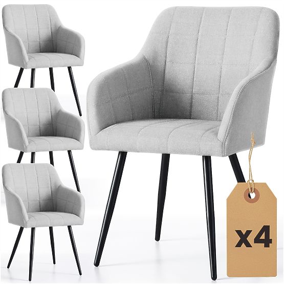 4x Scaun tapițat cu cusături pătrate Gri Deschis LUXANO Picioare negre material Lumos