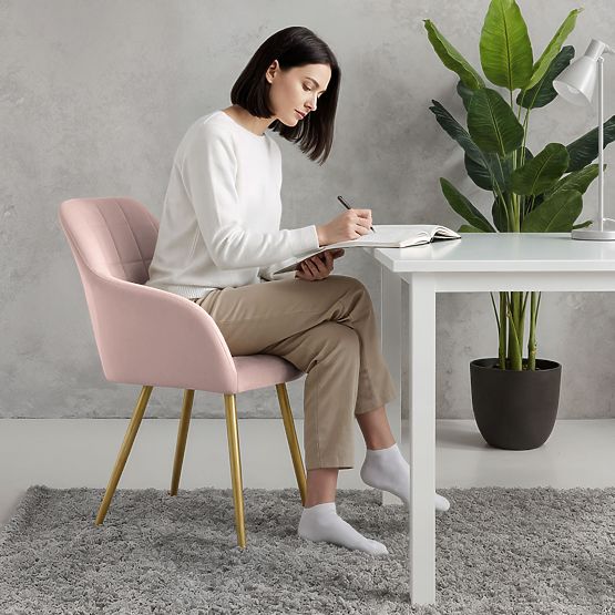 4x Scaun tapițat cu cusături pătrate Roz Pudră LUXANO Picioare Aurii