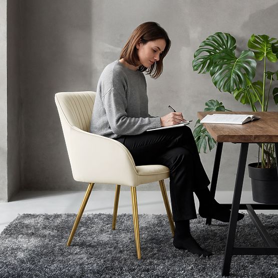 4x Scaun tapițat din catifea cu cusături Crem FLORENCE Picioare aurii