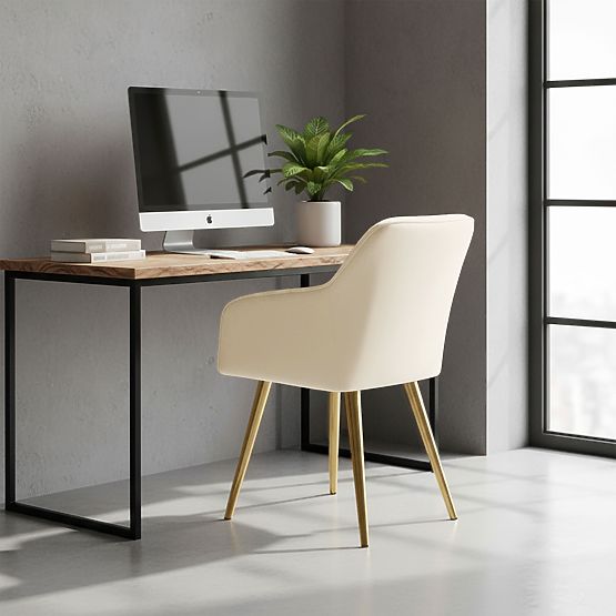 4x Scaun tapițat din catifea cu cusături Crem FLORENCE Picioare aurii