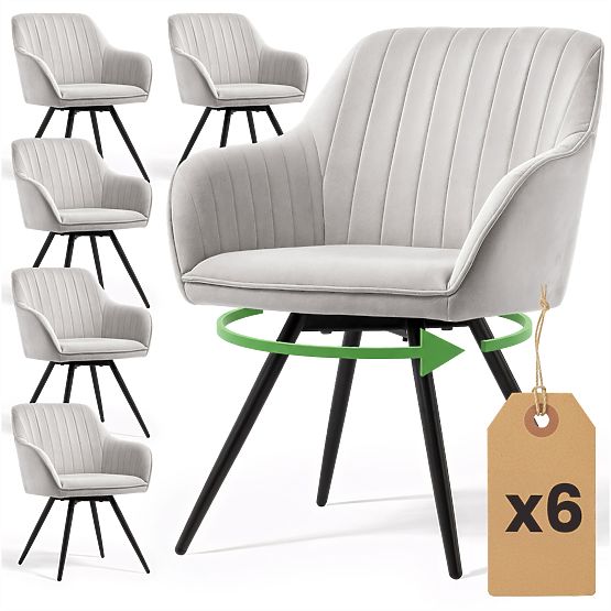 6x Scaun rotativ din catifea cu cusături Gri TURNO Picioare negre