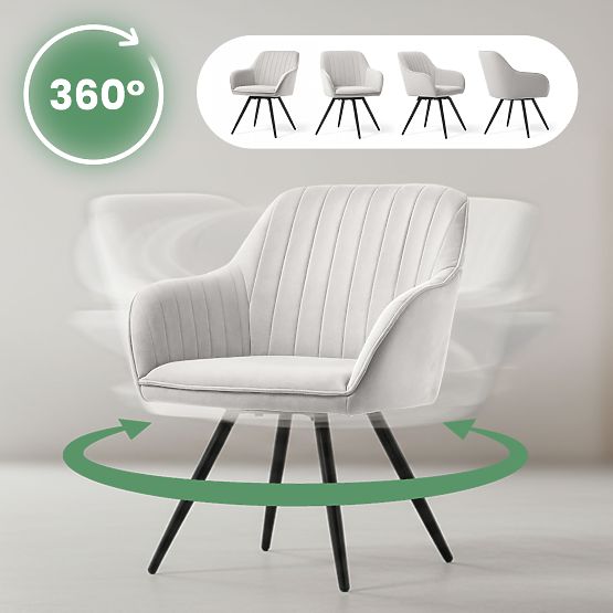 6x Scaun rotativ din catifea cu cusături Gri TURNO Picioare negre