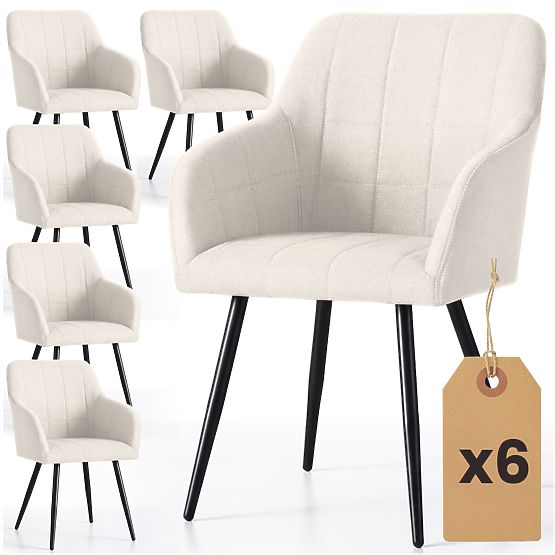 6x Scaun tapițat cu cusături pătrate Crem LUXANO Picioare negre material Lumos