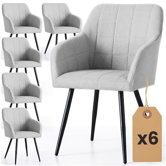 6x Scaun tapițat cu cusături pătrate Gri Deschis LUXANO Picioare negre material Lumos