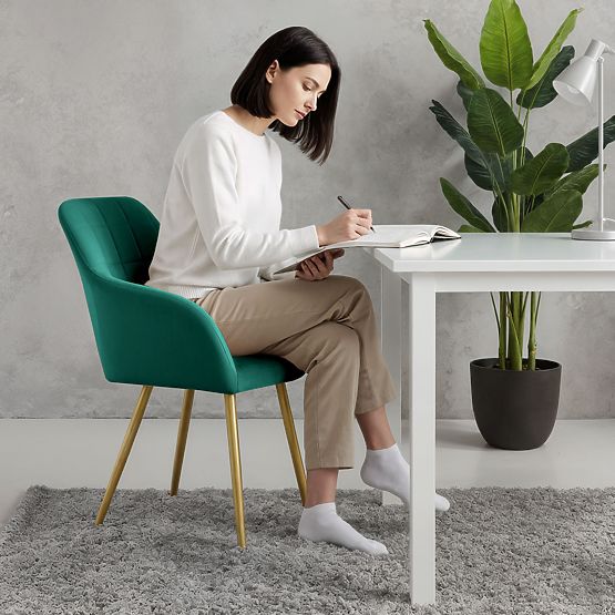 6x Scaun tapițat cu cusături pătrate Verde Smarald LUXANO Picioare aurii