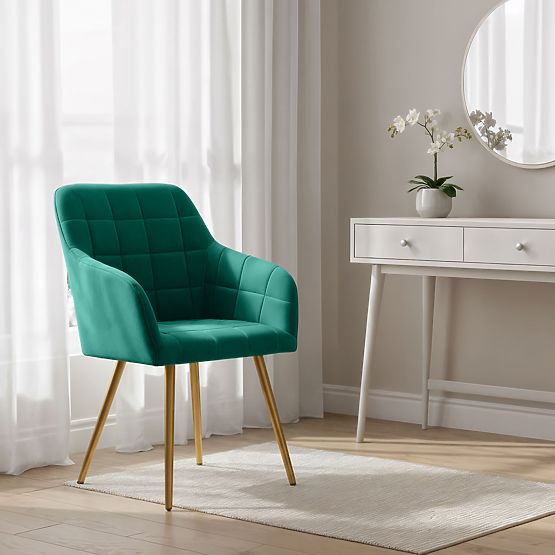 6x Scaun tapițat cu cusături pătrate Verde Smarald LUXANO Picioare aurii