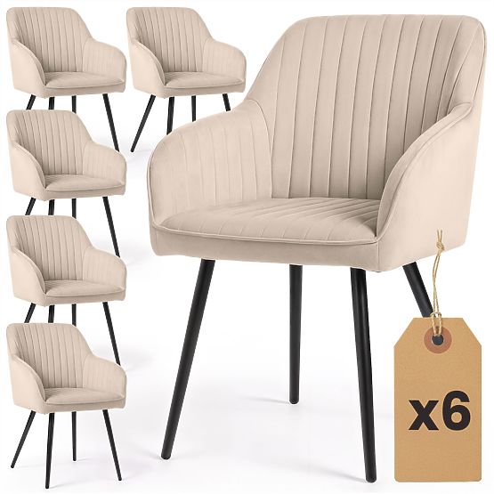 6x Scaun tapițat din catifea cu cusături verticale Bej FLORENCE Picioare negre