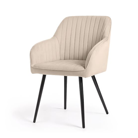 6x Scaun tapițat din catifea cu cusături verticale Bej FLORENCE Picioare negre