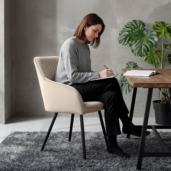 6x Scaun tapițat din catifea cu cusături verticale Bej FLORENCE Picioare negre