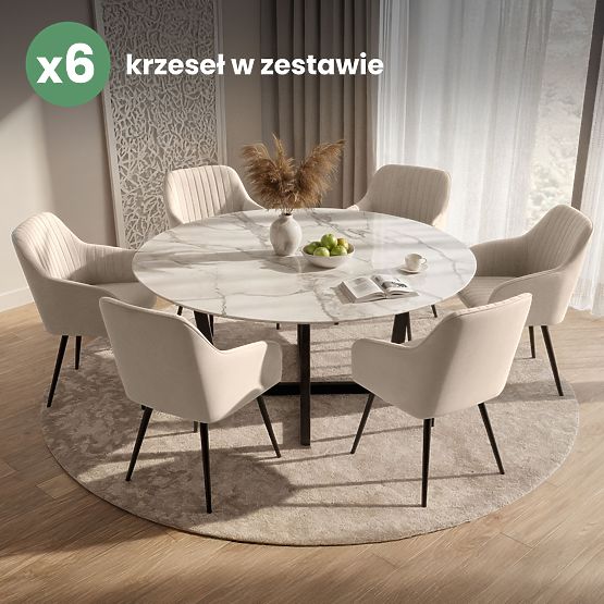 6x Scaun tapițat din catifea cu cusături verticale Bej FLORENCE Picioare negre