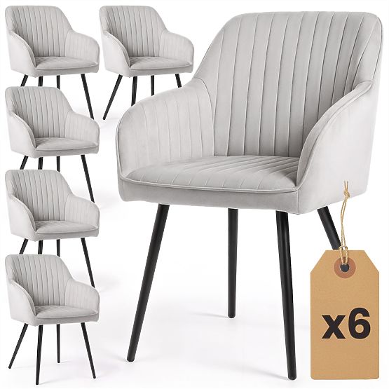 6x Scaun tapițat din catifea cu cusături verticale Gri FLORENCE Picioare negre