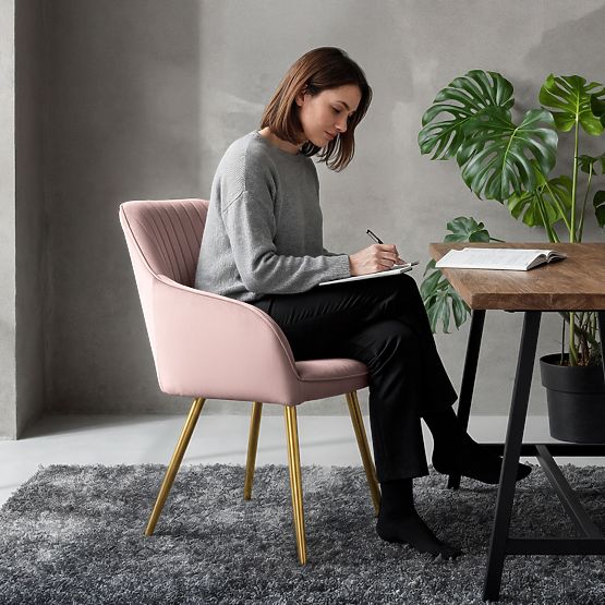 6x Scaun tapițat din catifea cu cusături verticale Roz Pudră FLORENCE Picioare Aurii