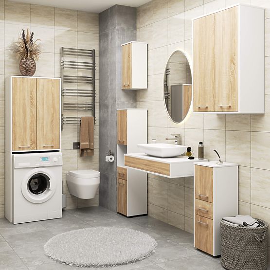 BAIE FIN 180 SUPORT MAȘINĂ DE SPĂLAT PLIN 2D - ALB / STEJAR SONOMA