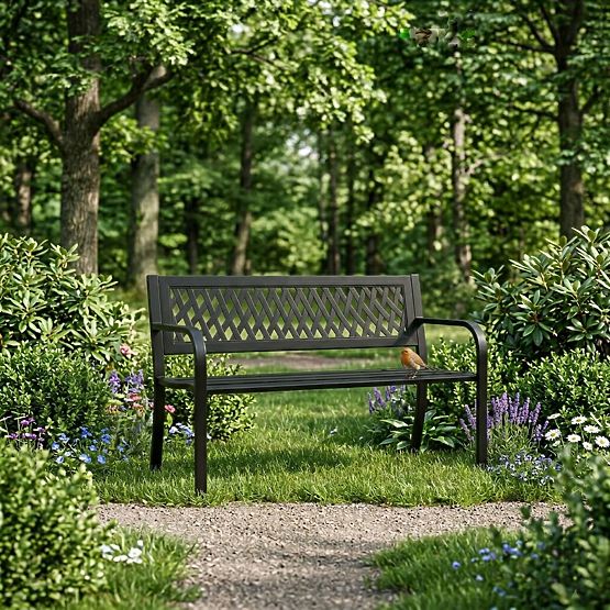 Bancă de grădină cu spătar cu grilaj 120x50 cm metalică neagră MultiGarden