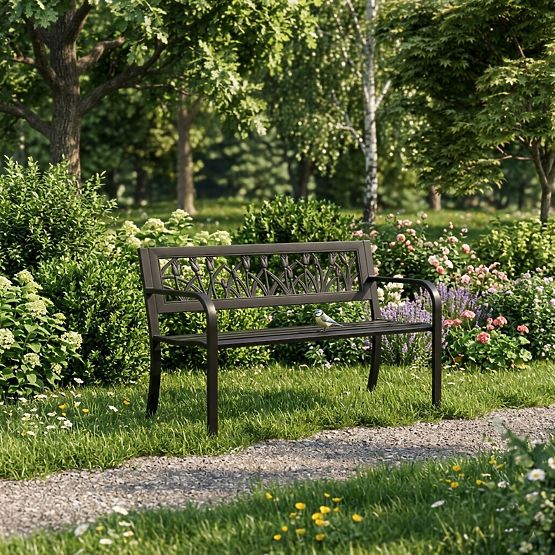 Bancă de grădină cu spătar decorativ 120x50 cm metalică neagră MultiGarden