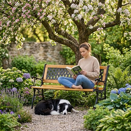 Bancă de grădină din lemn 126x51 cm cu spătar cu grilaj și picioare din fontă MultiGarden