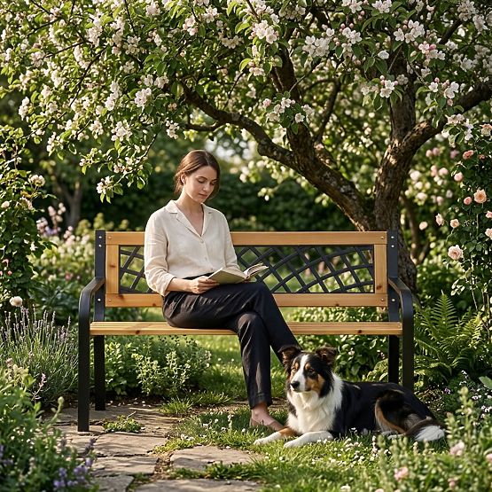 Bancă de grădină din lemn cu spătar cu grilaj 118x52 cm parc MultiGarden