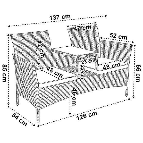 Bancă de grădină din tehnoratan canapea CORDOBA neagră cu perne gri