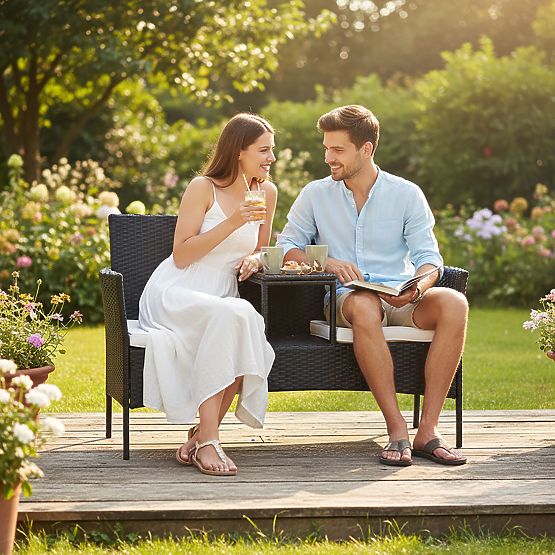 Bancă de grădină din tehnoratan CORDOBA neagră cu perne bej