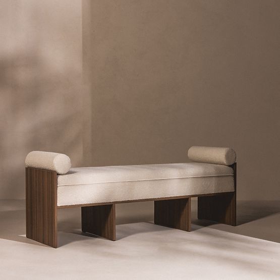 Bancă tapițată Loppo bej deschis, boucle, Nuc Wisconsin