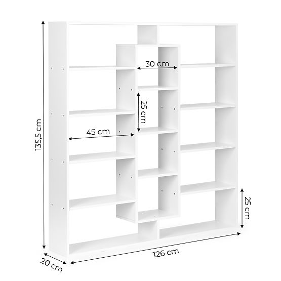 Bibliotecă modernă verticală cu 14 rafturi albă