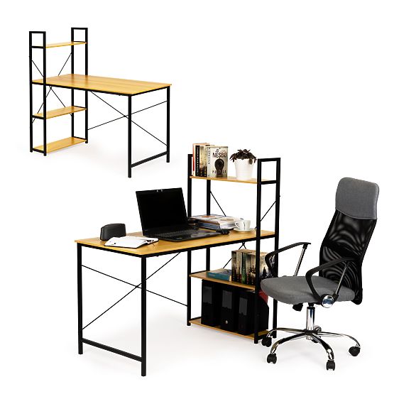 Birou de calculator din lemn cu rafturi loft