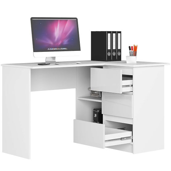 BIROU DE COLȚ B16 124 cm DREAPTA 3 SERTARE PK ALB / LUCIOAS ALB