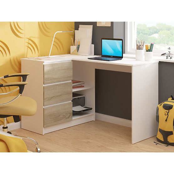 BIROU DE COLȚ B16 124 cm STÂNGA 3 SERTARE PK ALB / SONOMA