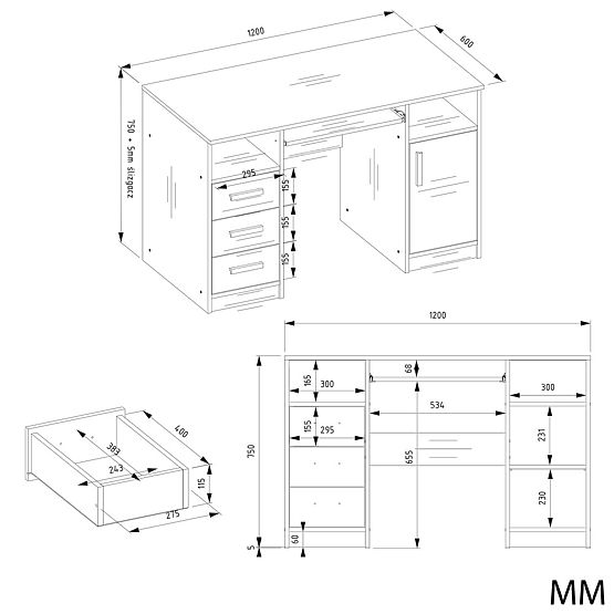 BIROU DELTA STEJAR ARTISAN 120 cm 3 Sertare Dulap Polițe Pentru Birou Cameră Laptop