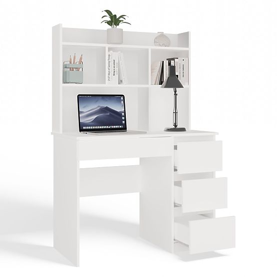 Birou MIJAS Dreapta cu Suprapunere Alb Mat 4 Sertare 4 Rafturi pentru Birou Cameră