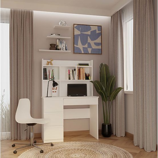 Birou MIJAS Stânga cu Suprapunere Alb Mat 4 Sertare 4 Rafturi pentru Birou Cameră