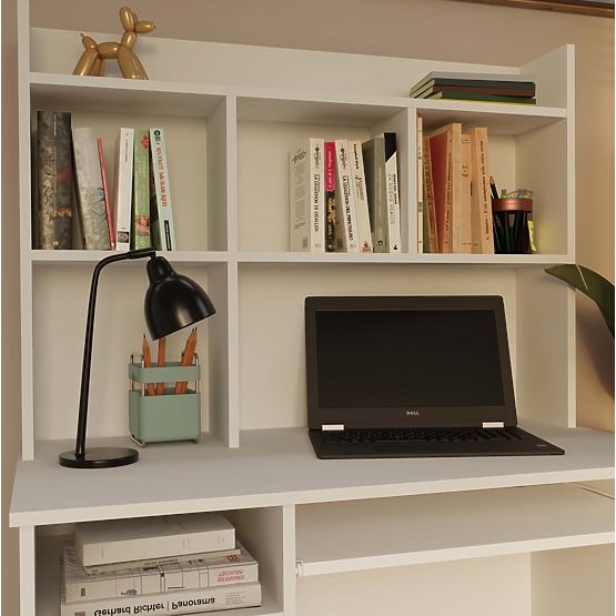 Birou PORTO Dreapta cu Suprastructură Alb Mat Sertar Raft pentru Birou Cameră