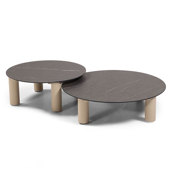 Canapea de colț pentru grădină cu 2 mese Santa Ana, aluminiu, bej, decor marmură, forme rotunjite