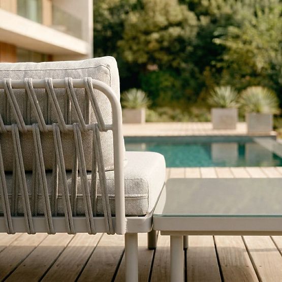 Canapea de colț pentru grădină cu măsuță Amarello, aluminiu, împletită, bej deschis/bej-gri