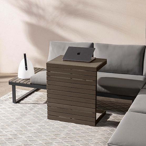 Canapea de colț pentru grădină cu măsuță Valongo, polywood, spun-poly, gri deschis/antracit