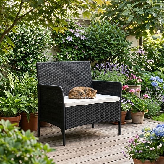 Canapea de grădină cu două locuri cu pernă pentru balcon, terasă, grădină, negru MultiGarden
