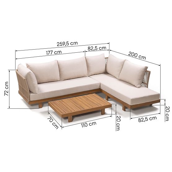Colțar de grădină cu masă Borgetto, împletitură, lemn de acacia FSC, aspect de tec, b deschis
