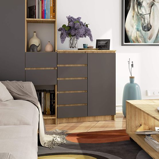 COMODĂ K80 1U 5S PK STEJAR ARTISAN / GRI GRAFIT