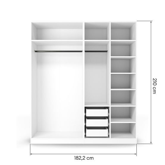 Corp/interior dulap Neroli cu 2 bare, rafturi și 3 sertare 182,2 cm, alb