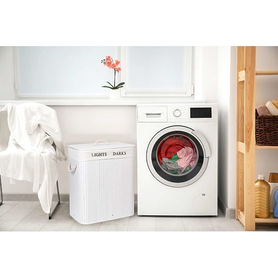 Coș de bambus cu capac 100L 2 compartimente alb