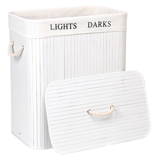 Coș de bambus cu capac 100L 2 compartimente alb