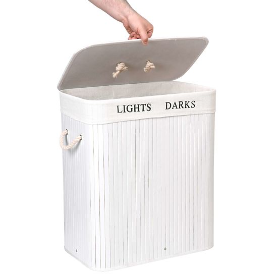 Coș de bambus cu capac 100L 2 compartimente alb