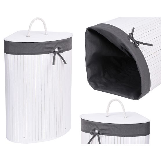 Coș de rufe de colț din bambus cu capac alb-gri