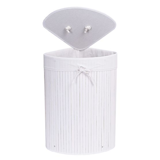 Coș de rufe de colț din bambus cu capac alb