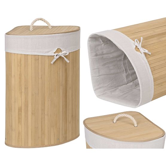 Coș de rufe de colț din bambus cu capac natural 60L