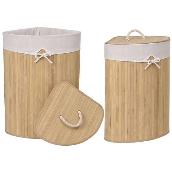 Coș de rufe de colț din bambus cu capac natural 60L