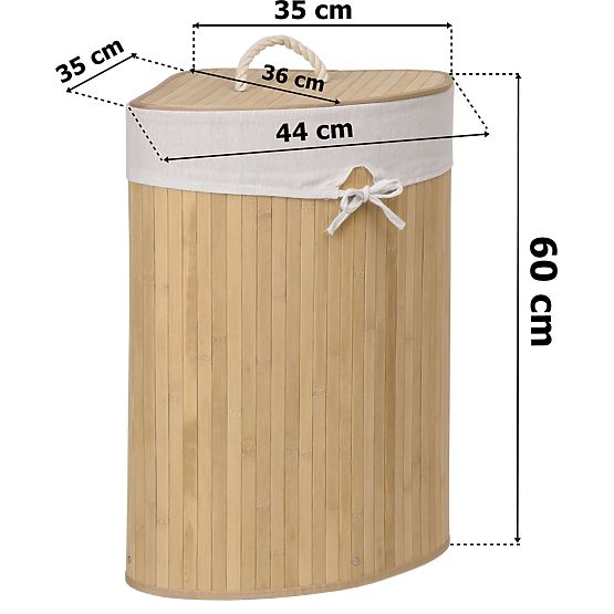 Coș de rufe de colț din bambus cu capac natural 60L