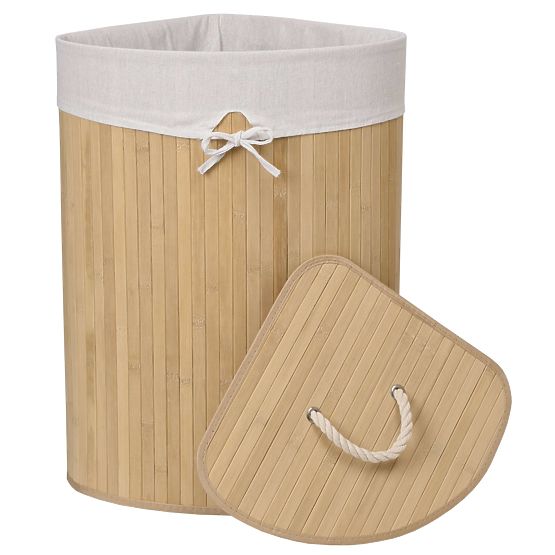 Coș de rufe de colț din bambus cu capac natural 60L