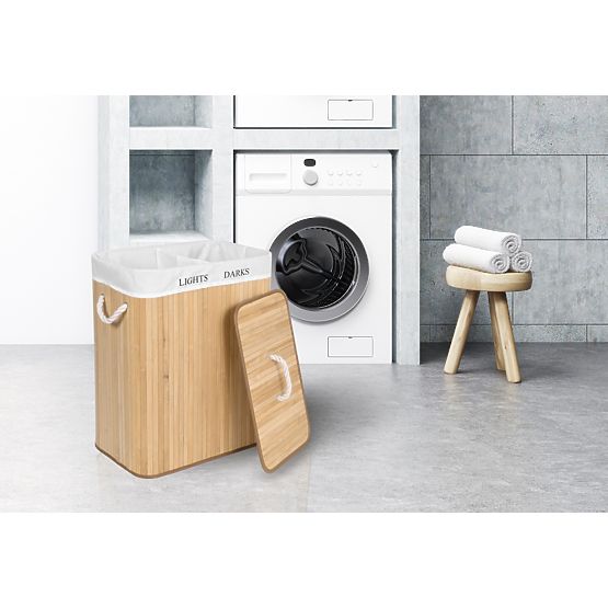 Coș de rufe din bambus cu 2 compartimente natural