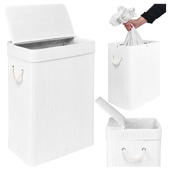 Coș de rufe din bambus cu capac SOREN 80L alb